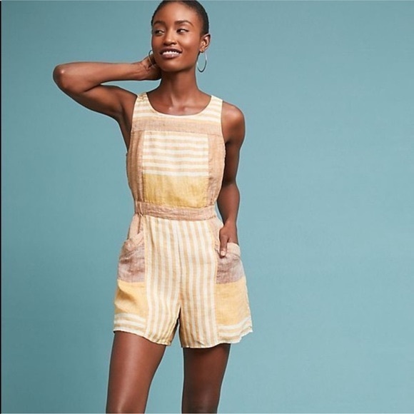 Anthropologie Pants - Anthropologie Yellow Cream Linen Romper size 2